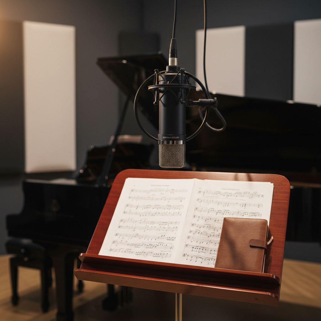 A high-end vocal recording studio focused on a large, matte-black condenser microphone suspended in a shock mount, its fine metal grille and subtle logo crisply detailed. The microphone hovers above a rich mahogany music stand holding neatly arranged sheet music and a leather-bound notebook. Behind, a softly blurred grand piano and acoustic panels in deep charcoal and cream create a refined setting. Warm, directional studio lighting from above and the side carves out elegant highlights and gentle shadows, emphasizing textures. Photographed at eye level with a shallow depth of field, the mood is sophisticated, calm, and aspirational, in a clean, photographic realism style suitable for a luxury vocal coaching website.